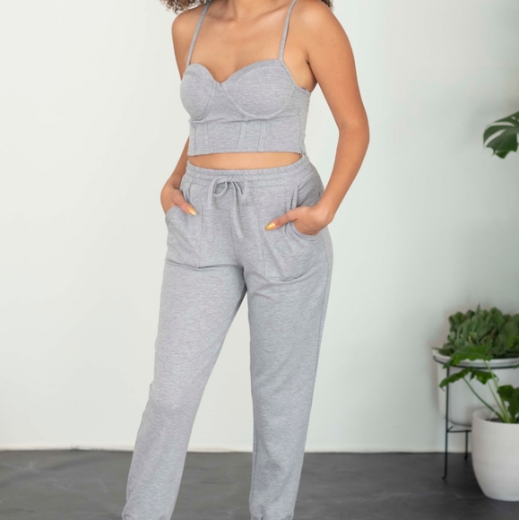 SHOPIRISBASIC Let's Do This Bustier and Joggers Lounge Set in Heather Grey - Picture 1 of 4